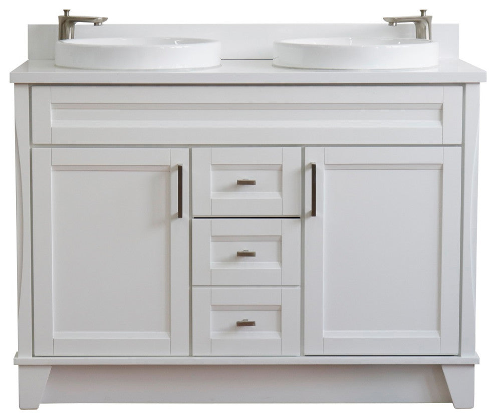 48" Double Sink Vanity, White Finish With Engineered Stone Top And Round Sink
