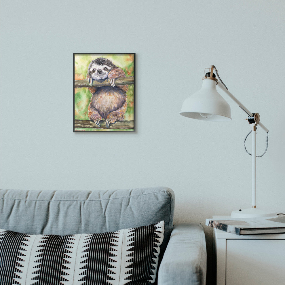 Sloth Animal Green Orange Watercolor Painting, 11"x14"
