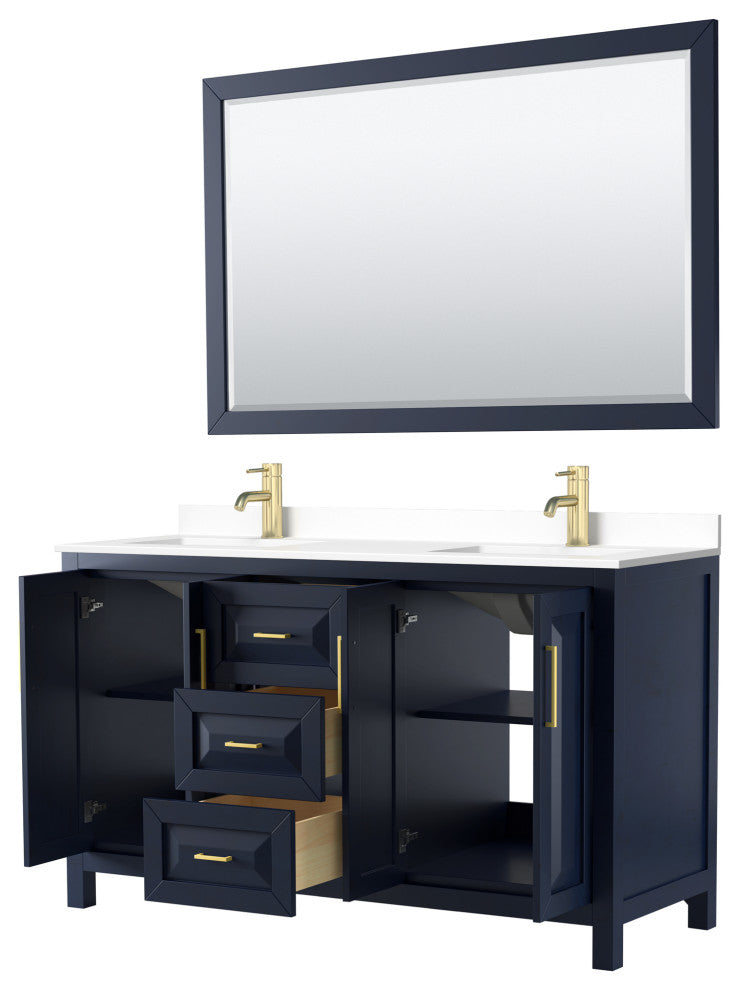 Daria 60, Double Vanity, Dark Blue, White Marble Top, SQ Sinks, 58, Mirror