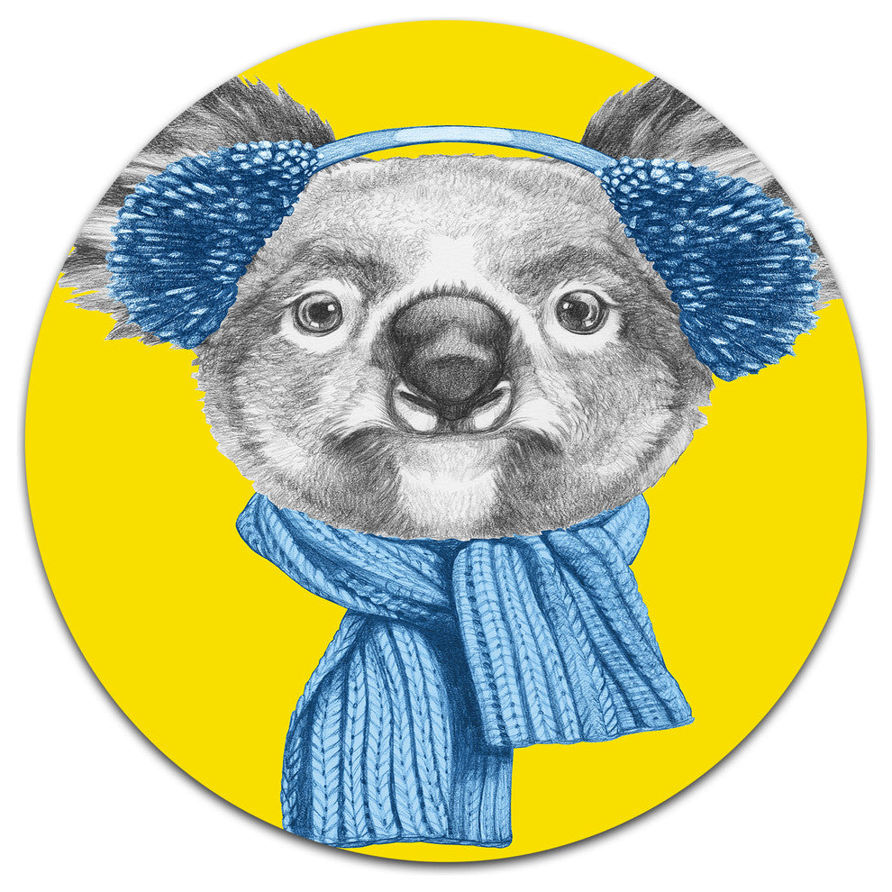 Koala With Scarf And Earmuffs, Modern Animal Disc Metal Wall Art, 23"