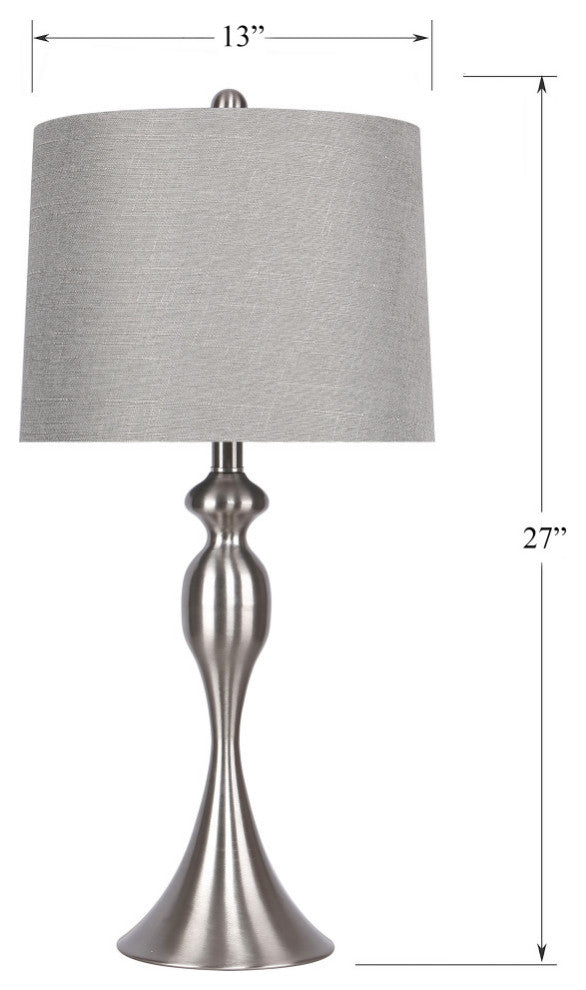 27" Curvy Brushed Nickel Table Lamps, Gray Textured Slub Linen Shades, Set of 2