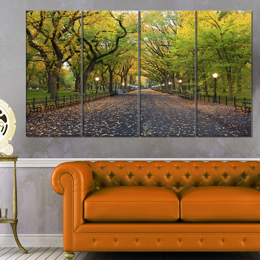 The Mall Area in Central Park, Large Landscape Canvas Art, 48"x28", 4 Panels