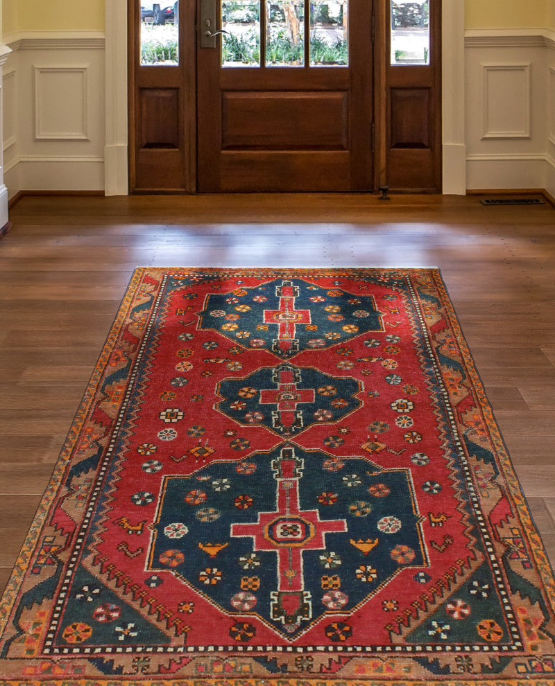 Fine Vintage Distressed Dagobert Red/Charcoal Rug, 4'0 x 6'8