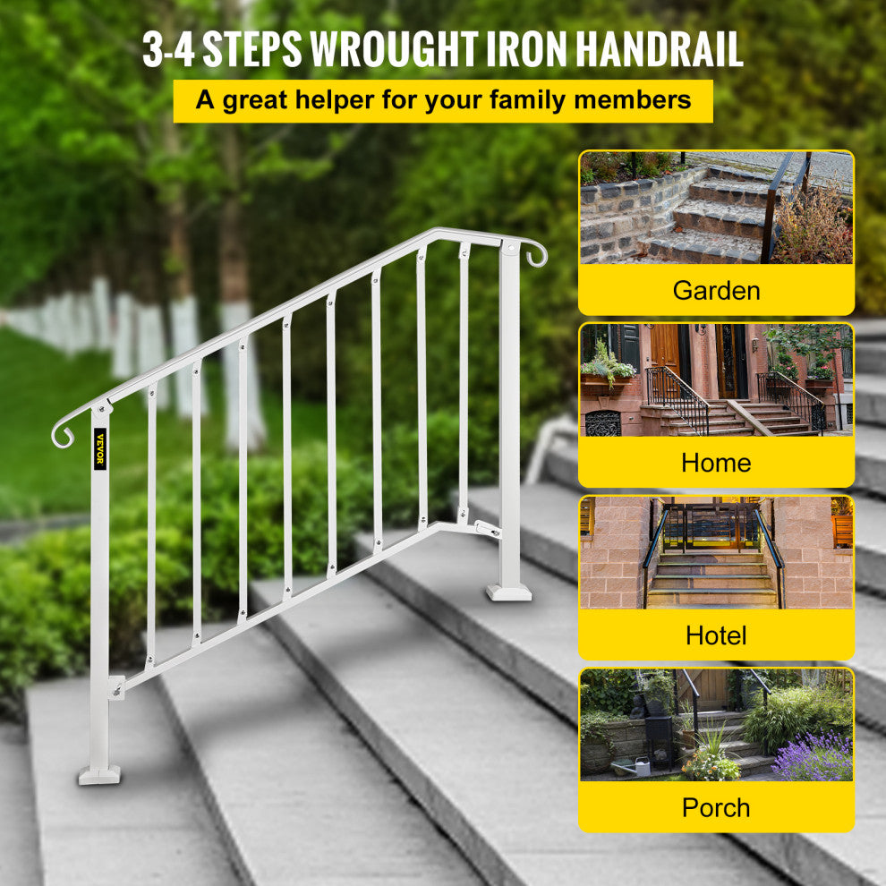 Wrought Iron Handrail Outdoor Stair Rail with Installation Kit, White, Fit 3-4 Steps
