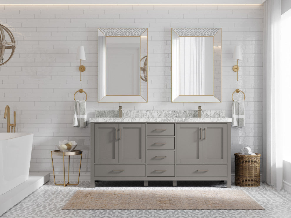 Malibu 72 Double Sink Bath Vanity in Elephant Skin Gray 2" Carrara Marble
