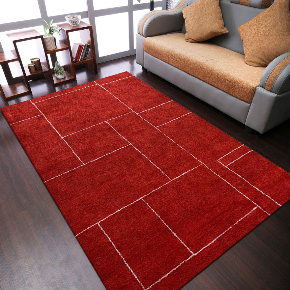 HAND KNOTTED LOOM SILK ECO-FRIENDLY AREA RUG-Rectangle,Light Red Beige,Geometric