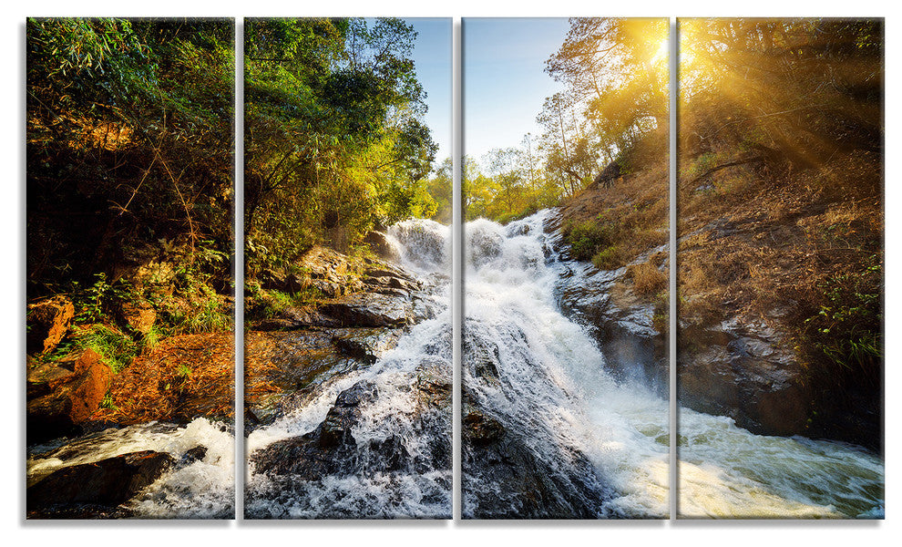 Waterfall through the Forest, Landscape Canvas Art Print, 48"x28", 4 Panels