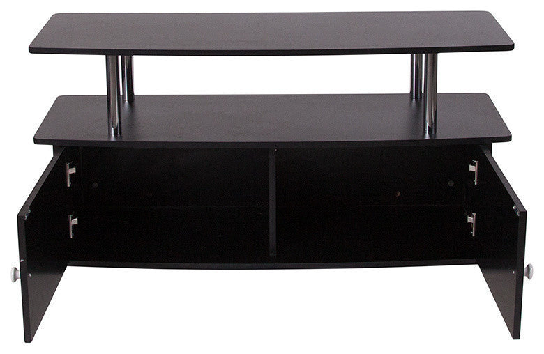 Evanston Black TV Stand With Shelves, Cabinet and Stainless Steel Tubing