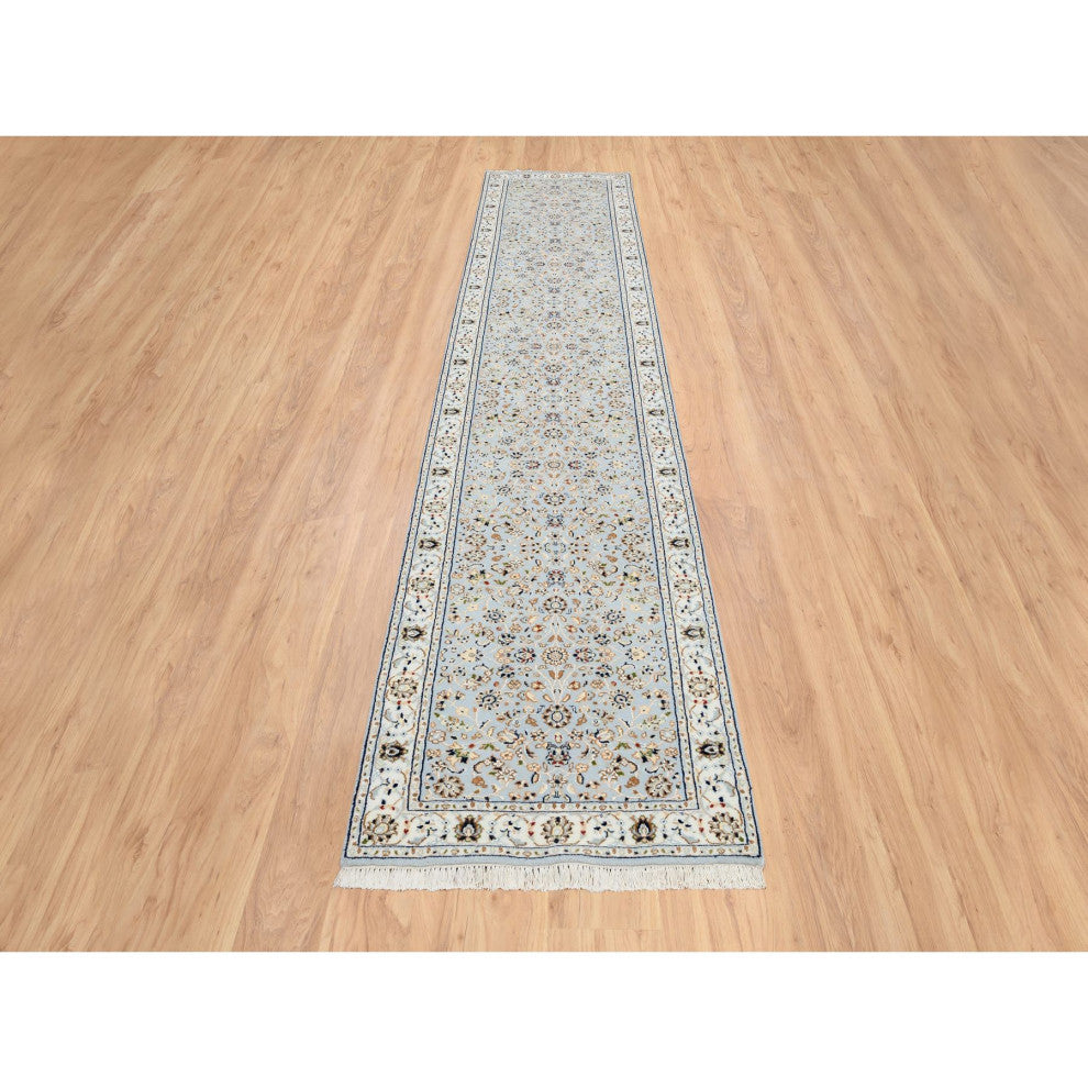 Light Blue, Nain 250 KPSI, Wool and Silk Hand Knotted Runner Rug, 2'6"x13'9"