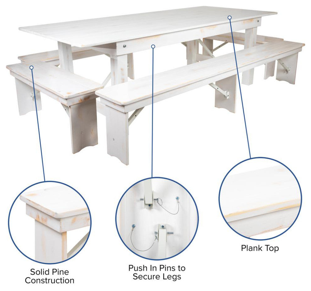 8' x 40" Antique Rustic White Folding Farm Table and Four Bench Set