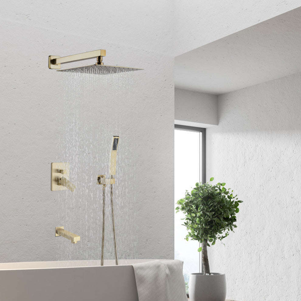 12" Wall Mounted Rainfall Shower System With Tub Spout, Brushed Gold