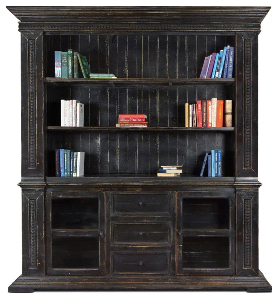 Victoria 3 Drawer, 2 Door Sideboard and Hutch Set - Rustic Black - 91", Sideboard and Hutch