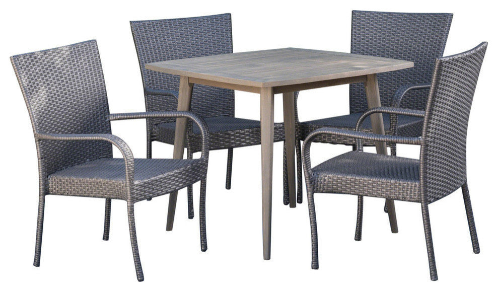 GDF Studio 5-Piece Murphy Outdoor Wood and Wicker Dining Set, Gray and Gray