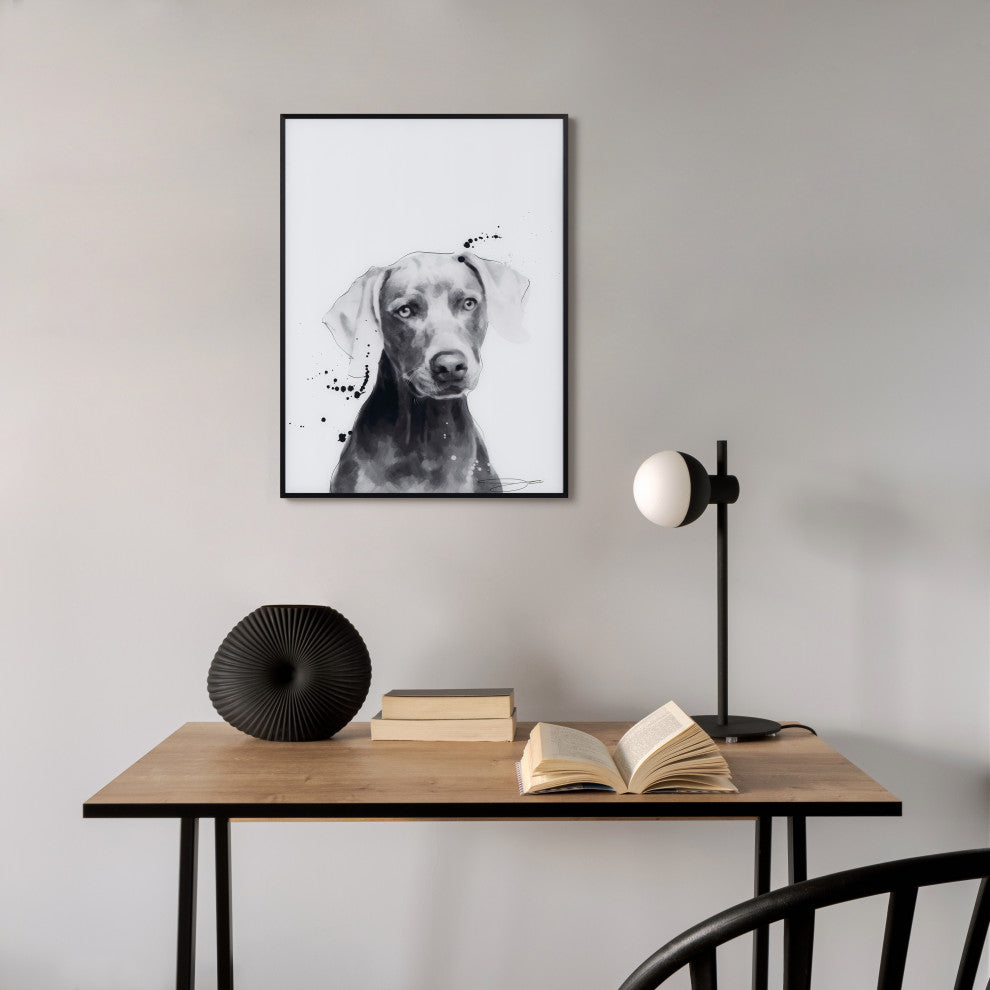 "Weimaraner" Black and White Pet Art on Printed Glass with Anodized Frame