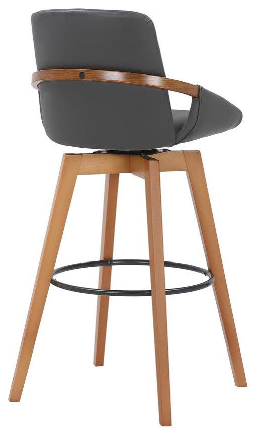 Baylor Swivel Wood Bar or Counter Stool in Faux Leather, BLACK