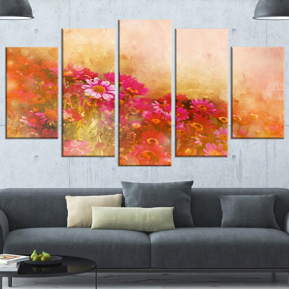 Beautiful Little Flowers in Spring, Floral Canvas Artwork, 60"x32", 5 Panels