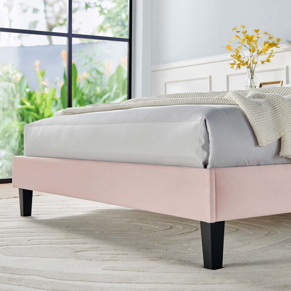 Platform Bed Frame, Queen Size, Pink, Velvet, Modern, Bedroom Guest Suite