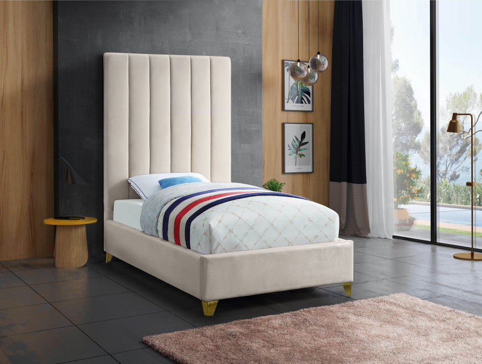Via Velvet Upholstered Bed, Cream, Twin