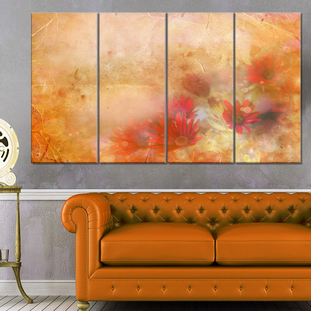 Red and Pink Flowers on Brown, Large Floral Canvas Artwork, 48"x28", 4 Panels