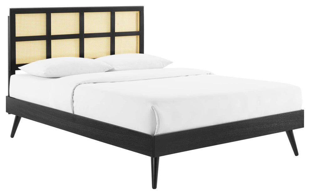 Cane Bed, Woven Rattan Bed, Art Moderne Shoji Platform Bed, Black, Queen