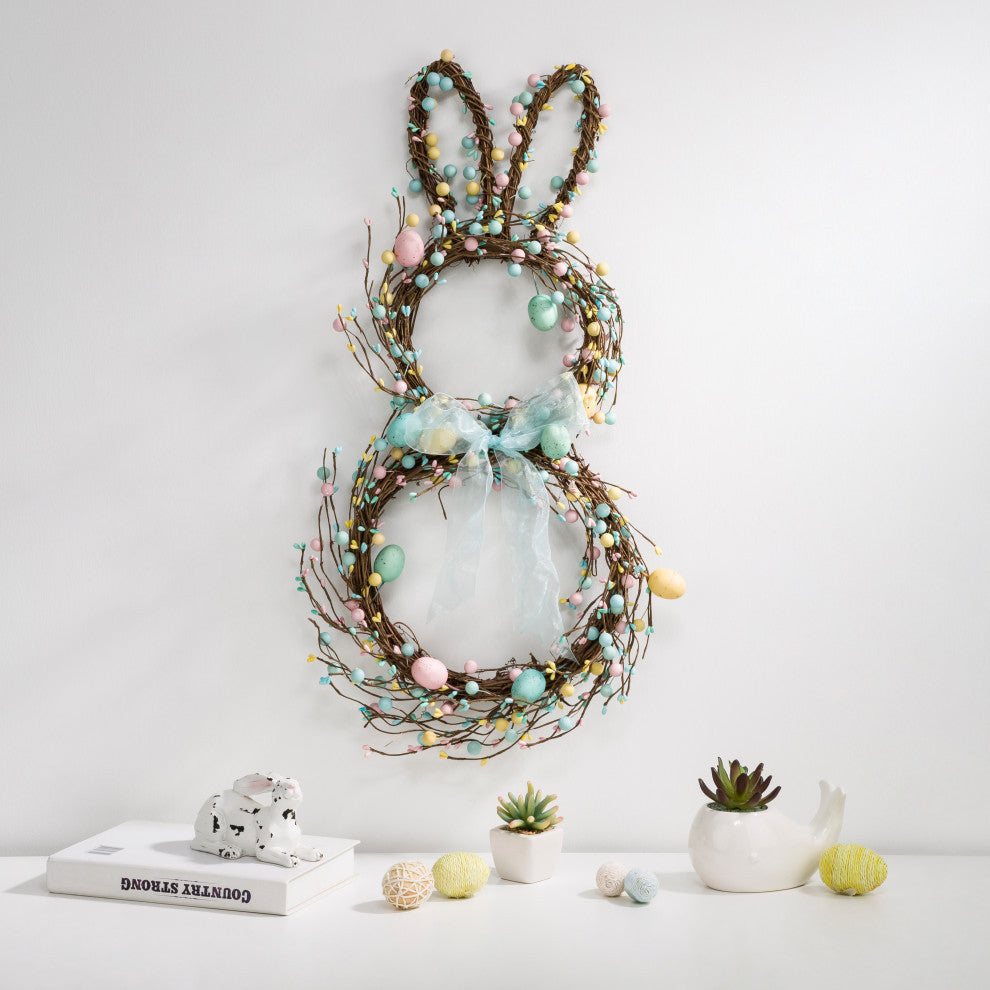 24.5" Easter Bunny Shaped Wreath With Eggs and Satin Ribbon Bow