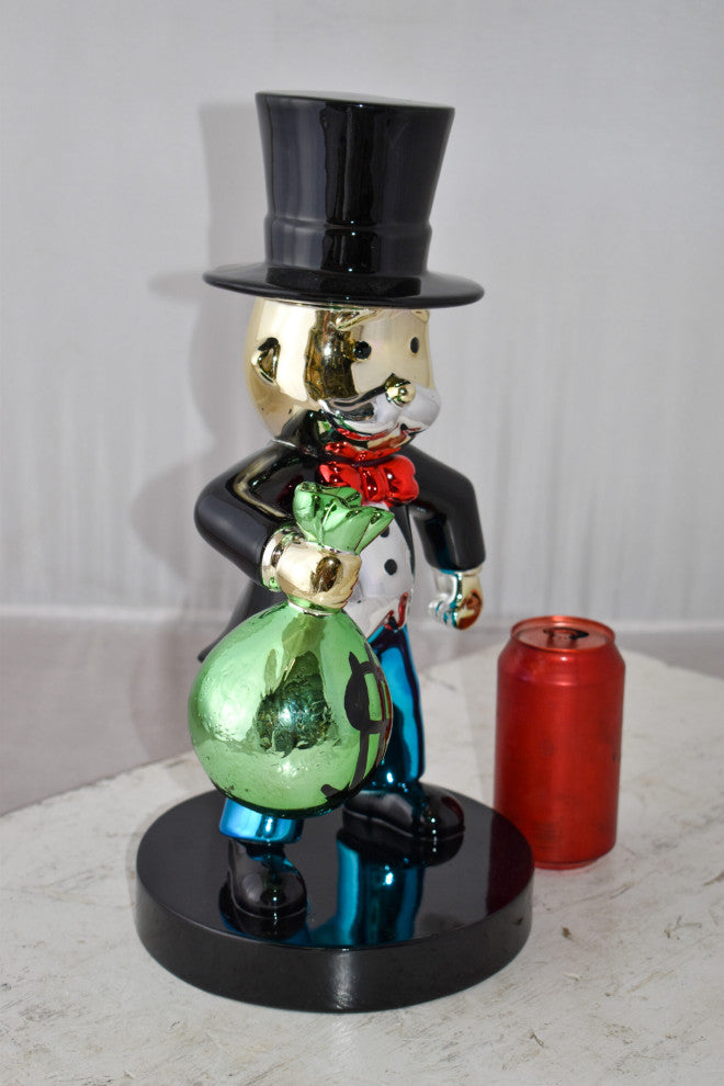 Frowning Monopoly Man Holding Money Bag Resin Statue Small Size: 7" x 8" x 15"