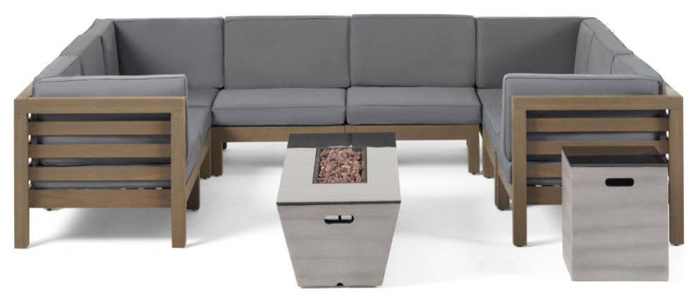 Esther Outdoor Modern 8 Seater Acacia Wood Sectional Sofa Set With Fire Pit