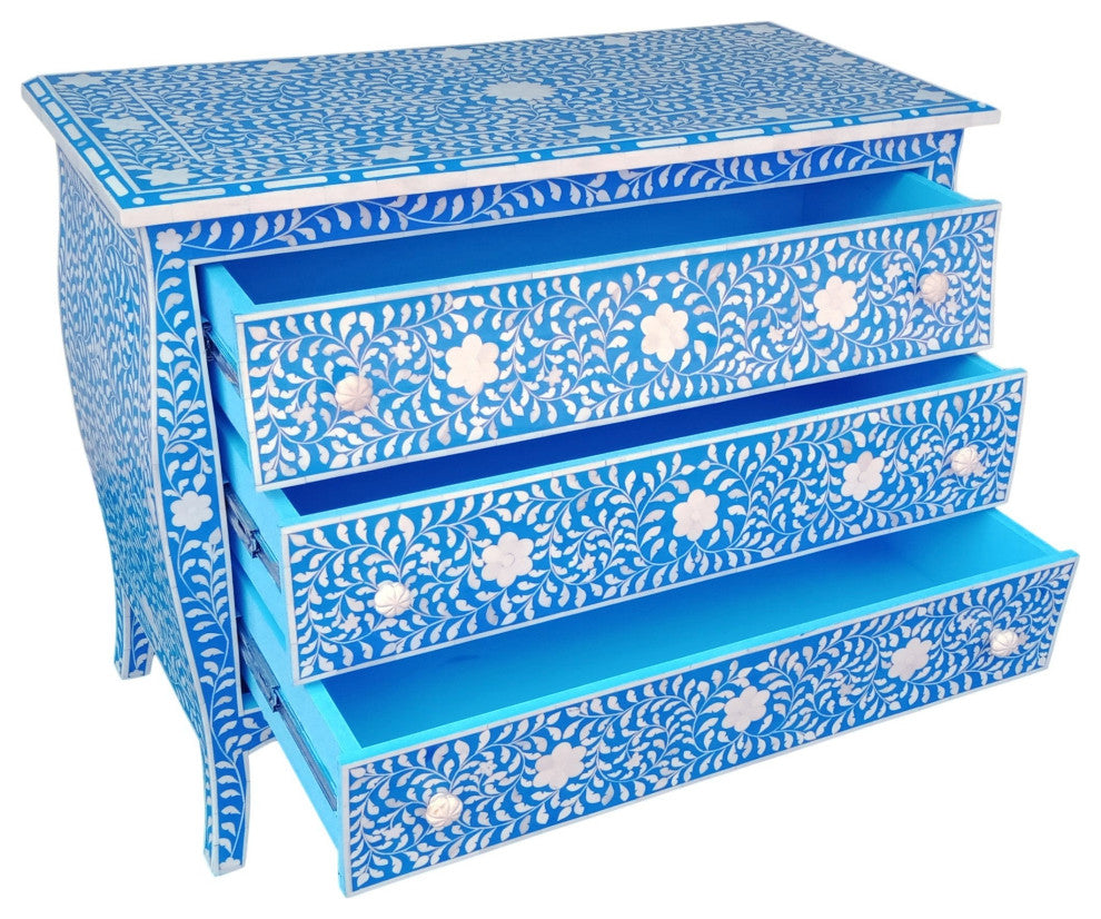 Curved French Style Bone Inlay Dresser Chest in Blue