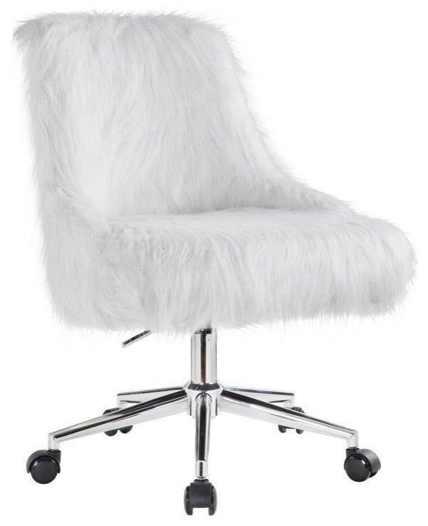Modern Office Chair, Golden Metal Base & Comfortable Soft Faux Fur Seat, White