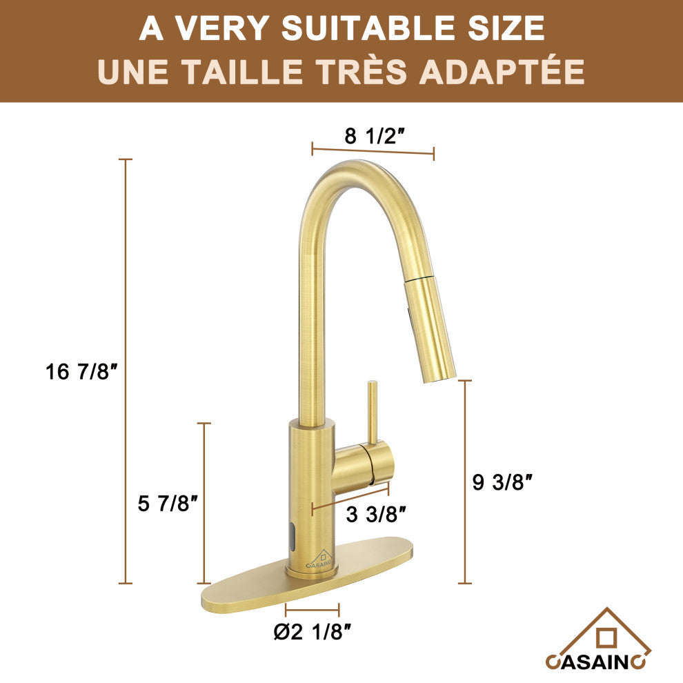 Touchless Pull Down Single Handle Kitchen Faucet With LED Function, Brushed Gold