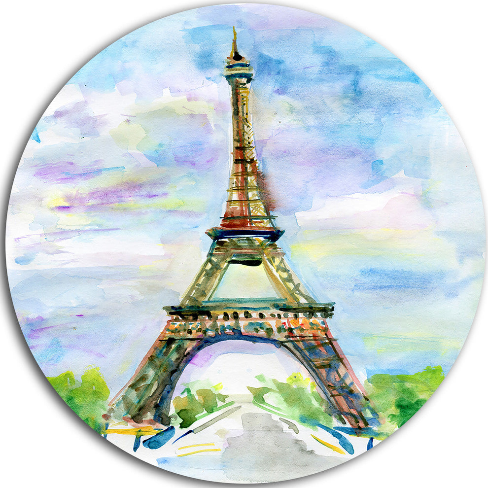 Eiffel Tower Against Blue Sky, Watercolor Disc Metal Artwork, 11"