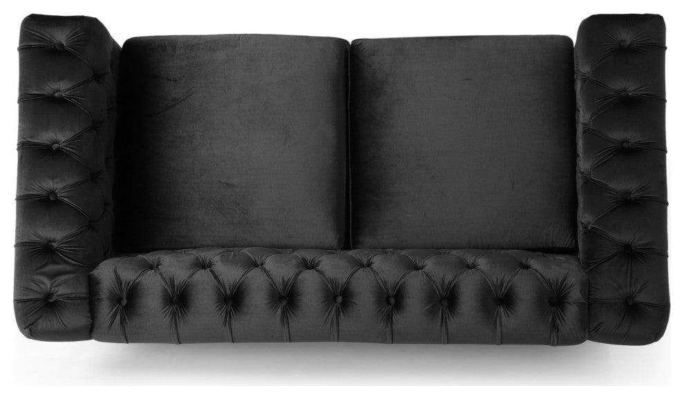 Timber Contemporary Button Tufted Loveseat with Nailhead Trim, Black and Dark Brown, Velvet
