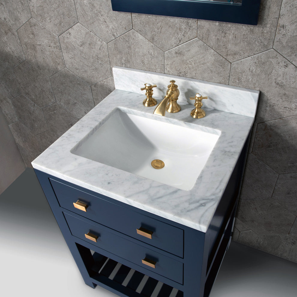 Madalyn 24" Monarch Blue Bathroom Vanity With Satin Brass Faucet And Mirror