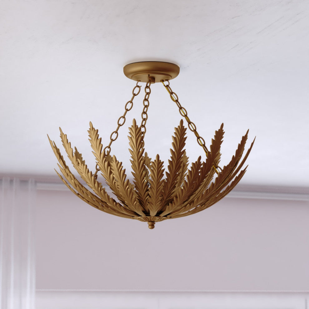 Ozette 18"W Gold Semi Flush Mount Ceiling Light Fxiture With Leaf Motif