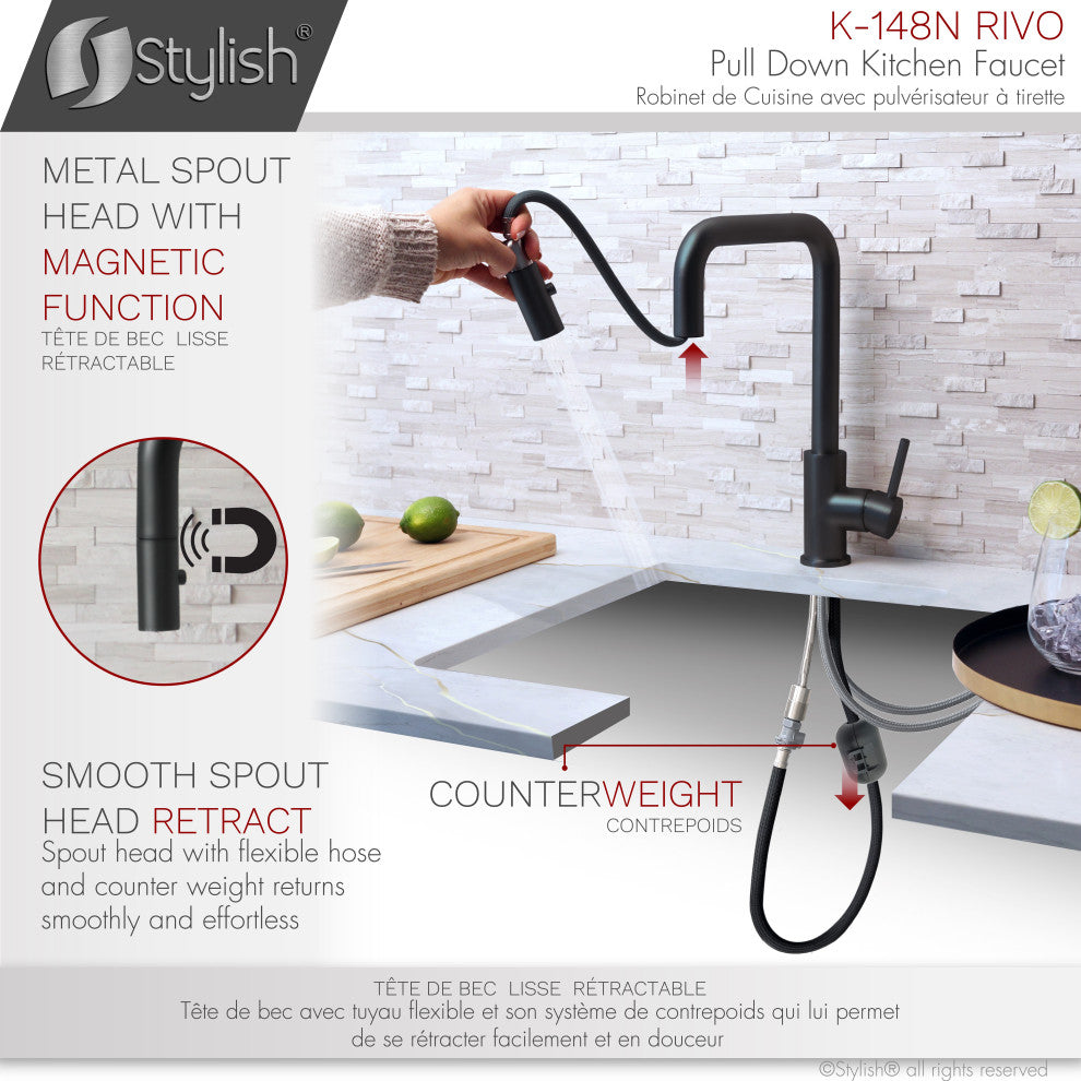 STYLISH Single Handle Pull-Down Dual Mode Kitchen Faucet Stainless Steel/Black