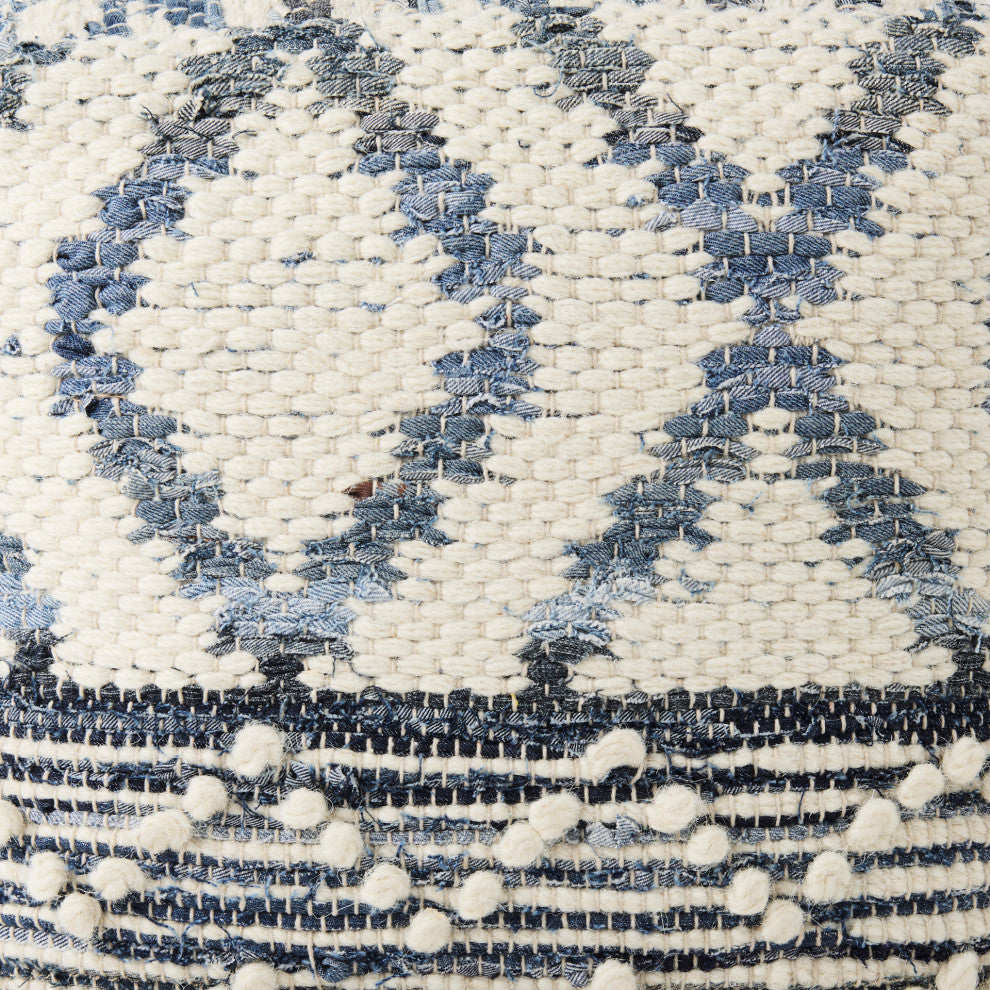 Eshana 16Lx16Wx16H Cream Wool and Denim Patterned Pouf