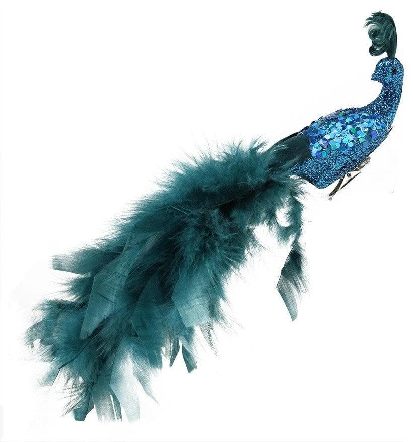 11" Regal Peacock Teal Blue, Feather Tail Clip On Christmas Ornament
