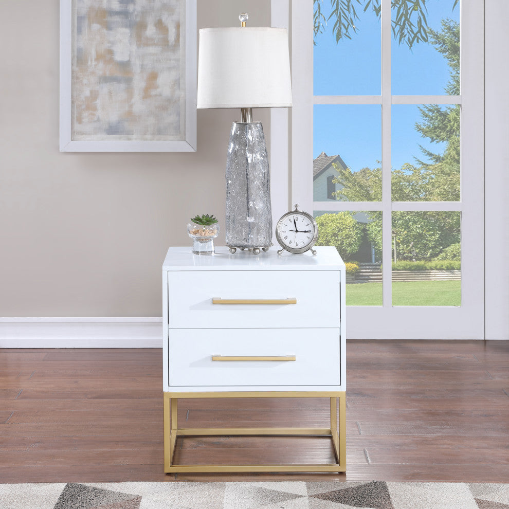 Maxine Wood Nightstand With Durable Brushed Gold Metal Base, Rich White Finish