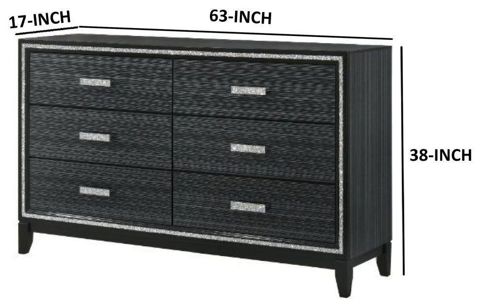 Benzara BM268901 Dresser With 6 Drawers and Shimmering Trim, Weathered Black