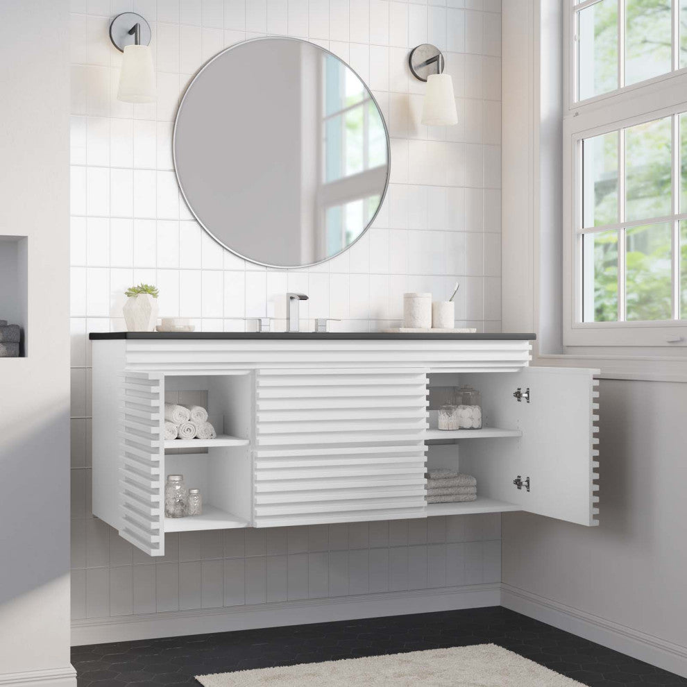 Render 48" Wall-Mount Bathroom Vanity, White Black