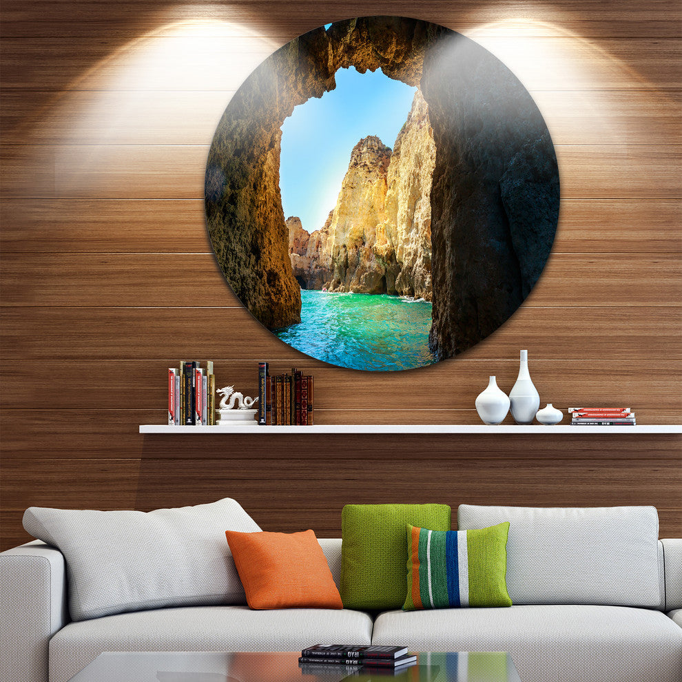 Sea Through Rocky Cave Portugal, Seashore Large Disc Metal Artwork, 36"