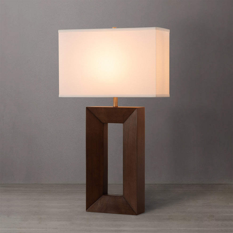 Julie Standing Table Lamp, White Linen Shade, Dark Walnut Wood Finish, Weathered Brass