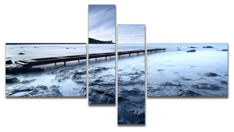 Wooden Pier Deep into Sea, Seascape Canvas Art Print, 60"x32", 4 panels