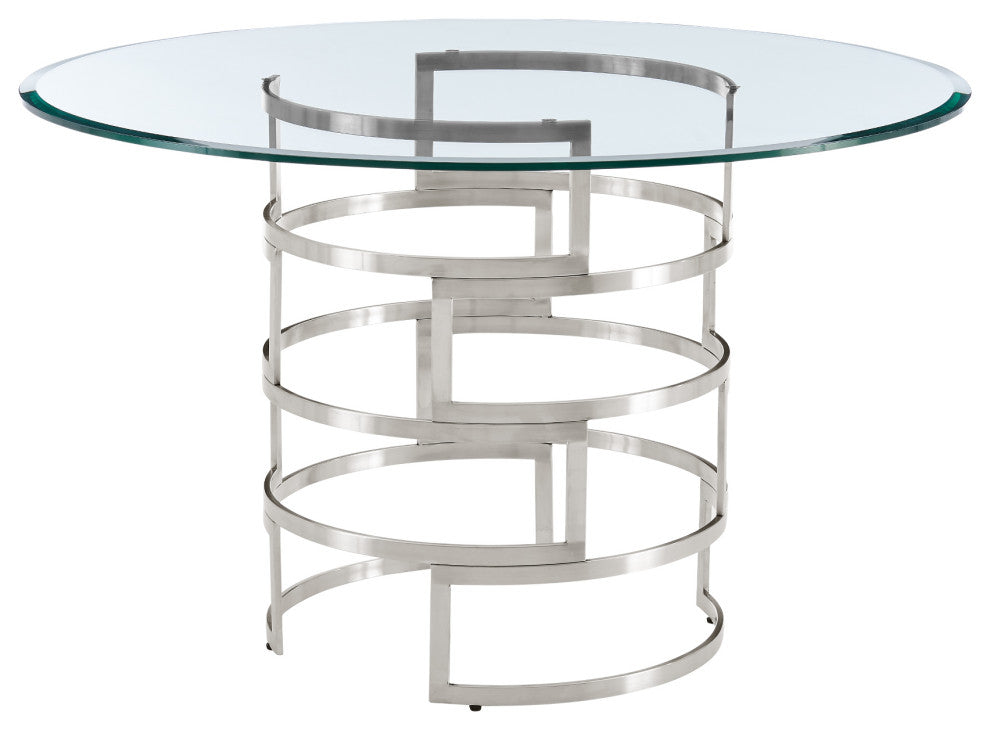 Diaz 48" Round Glass Tabletop Dining Table Brushed Stainless Steel Base