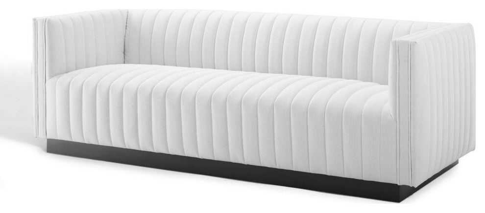 Tufted Sofa, Fabric, White, Modern, Living Lounge Room Hotel Lobby Hospitality