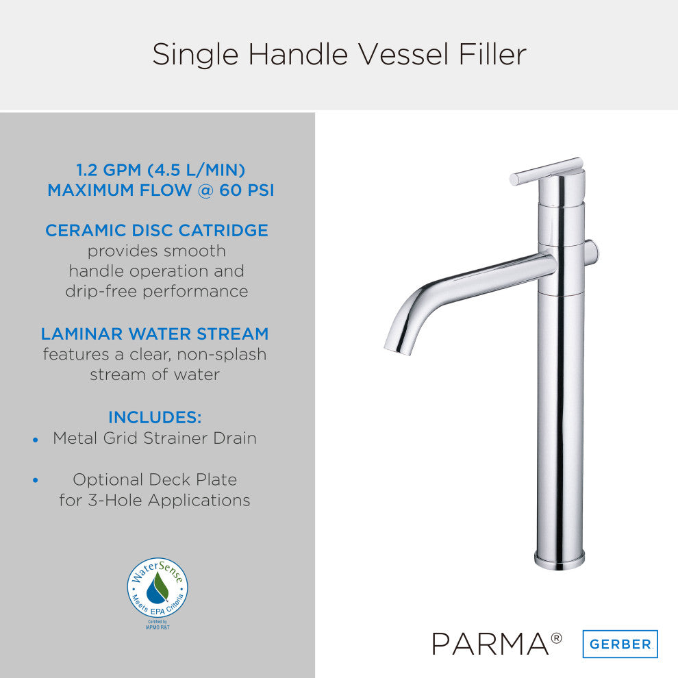 Parma Single Handle Vessel Filler w/ Metal Grid Strainer Chrome, Chrome