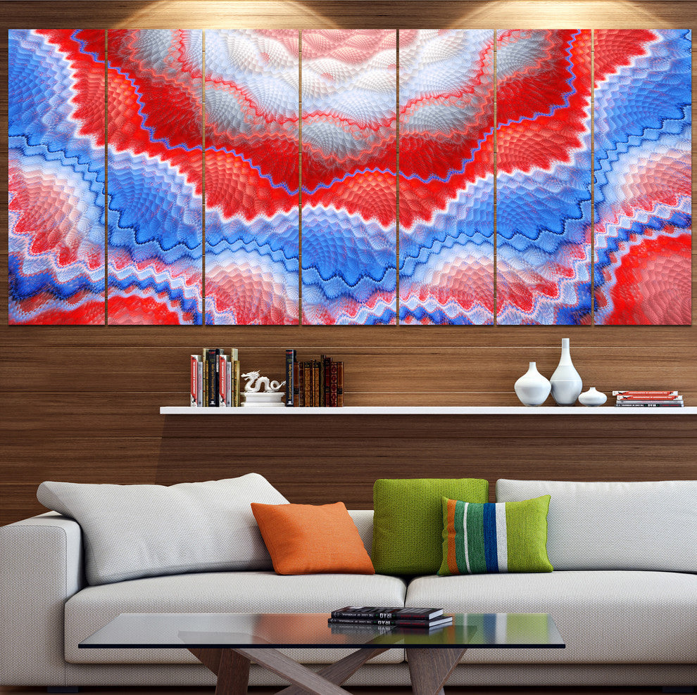 Red Blue Snake Skin Flower, Abstract Art on Canvas, 83"x32", 7 Panels