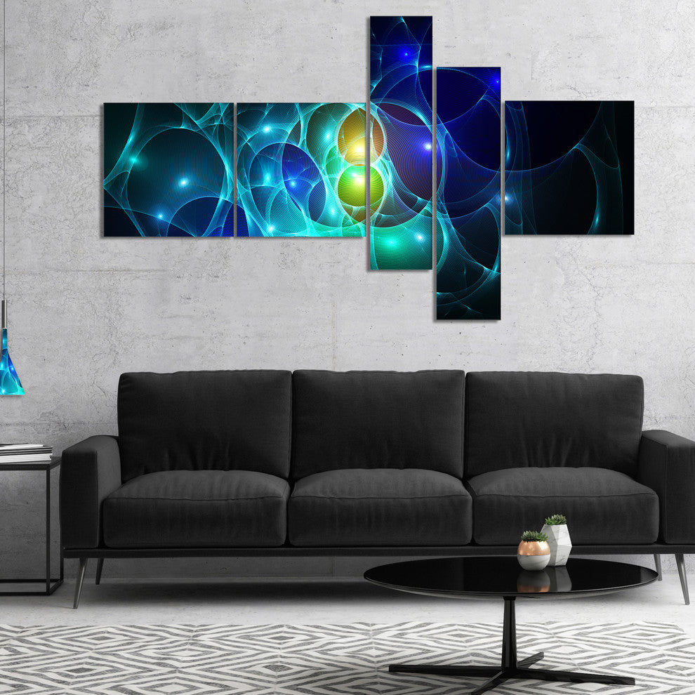 Blue Glowing Bubbles Time, Abstract Wall Art Canvas, 60"x32", 5 panels