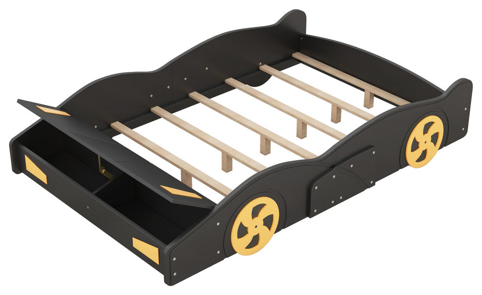 Gewnee Full Size Race Car-Shaped Platform Bed with Wheels and Storage