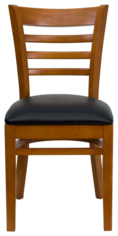 Ladder Back Cherry Wood Dining Chair, Black Vinyl Seat